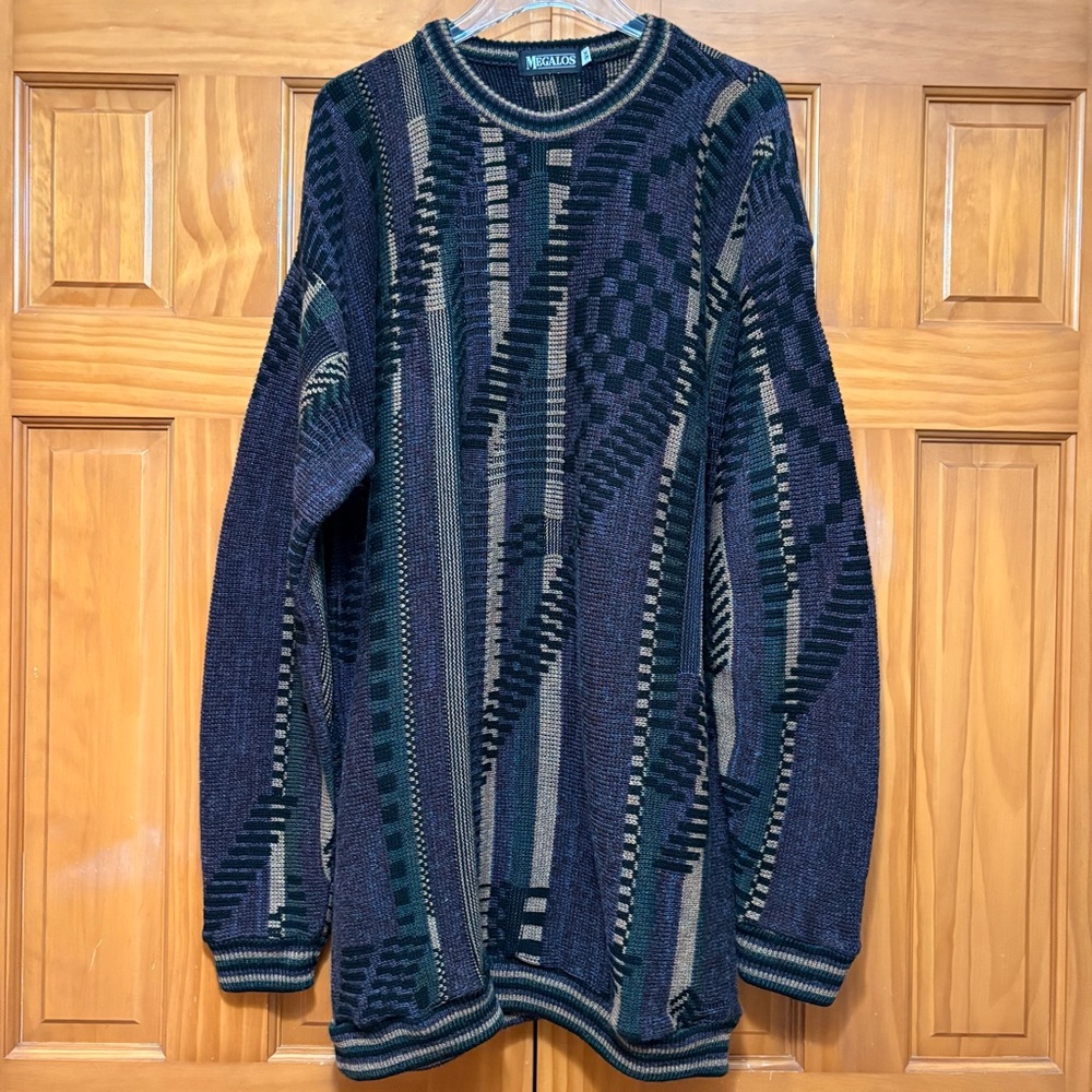 Megalos Vintage Men's Blue/Tan Patterned Coogi Style Crewneck Sweater 3X EUC